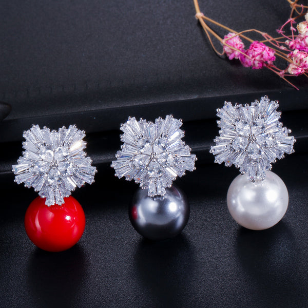 Silver Color Big Round Red Pearl Under Snowflake Flower AAA+ Cubic Zircon Stud Earrings