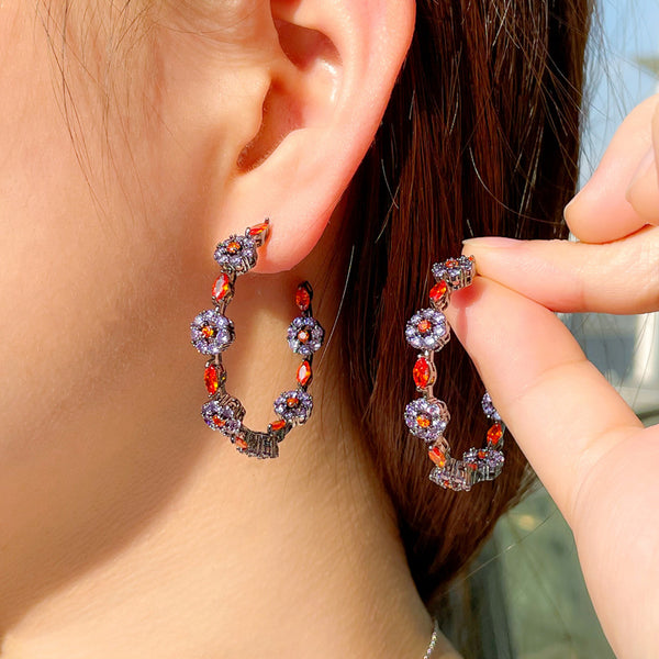 Retro Plum Flower Purple Red Cubic Zirconia Aesthetic Black Gold Large Half Circle Hoop Earring
