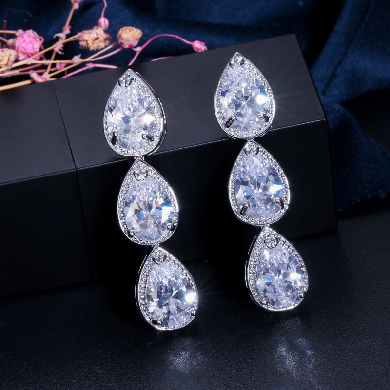 Elegant AAA Water Drop Cubic Zircon Long Silver Color Big Hanging Dangle Earrings