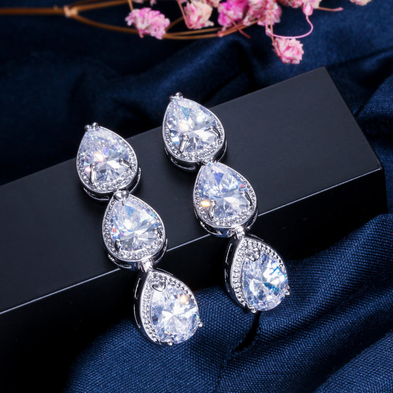 Elegant AAA Water Drop Cubic Zircon Long Silver Color Big Hanging Dangle Earrings