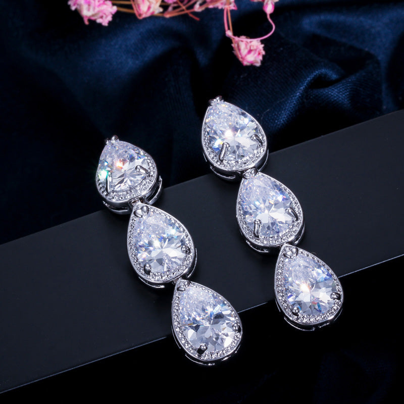 Elegant AAA Water Drop Cubic Zircon Long Silver Color Big Hanging Dangle Earrings