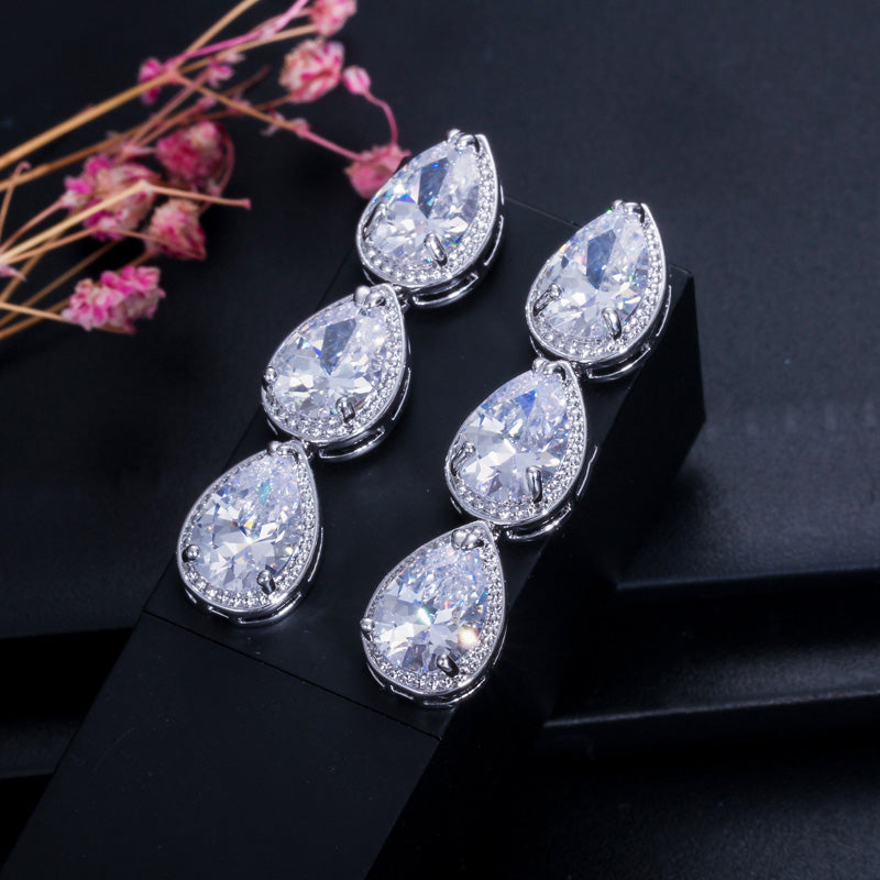 Elegant AAA Water Drop Cubic Zircon Long Silver Color Big Hanging Dangle Earrings