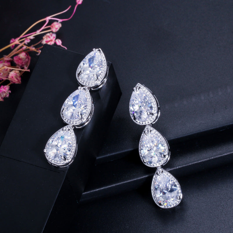 Elegant AAA Water Drop Cubic Zircon Long Silver Color Big Hanging Dangle Earrings