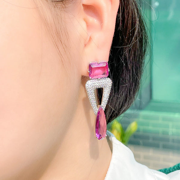 Stylish Hot Pink Cubic Zirconia White Gold Long Water Drop Dangle Earrings