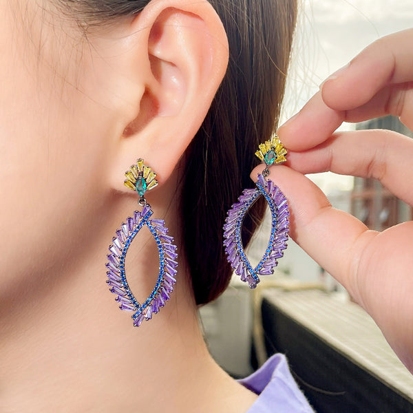 Dazzling Irregular Purple CZ Stone Long Hollow Pendant Drop Earrings