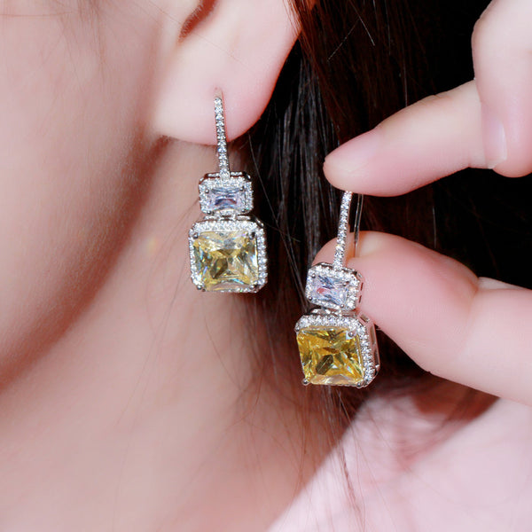 Classic Dangle Square Shape Yellow Cubic Zirconia Silver Color Drop Earrings