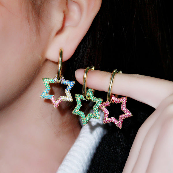 Romantic Big Rainbow Cubic Zirconia Lucky Star Drop Gold Color Jewelry Dangle Earrings