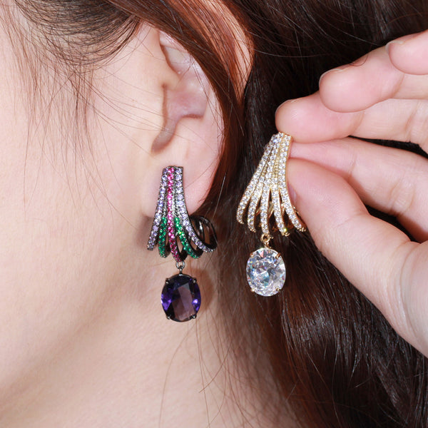 Fashion Micro Multicolor CZ Paved Black Gold Dangle Purple Oval Crystal Drop Earrings