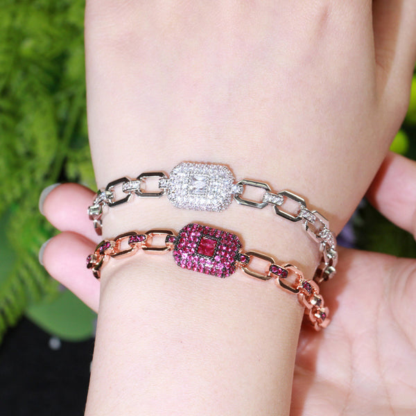 Pink Square Charm Cubic Zirconia 585 Rose Gold Chain Link Bracelets and Bangles