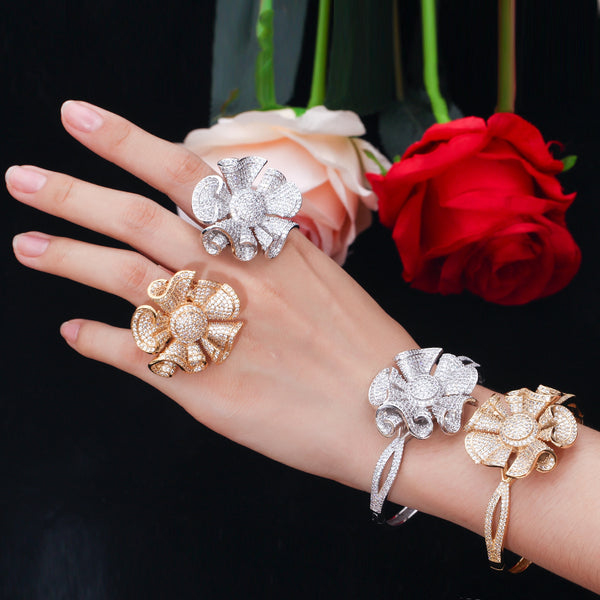 3D Flower Shape Full Shinning Cubic Zirconia Pave Open Cuff Bangles