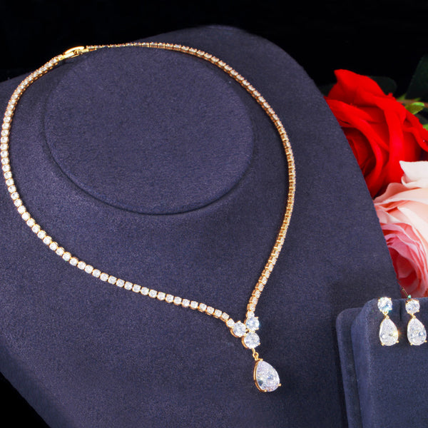Delicate Teardrop Pendant Afican Gold CZ Stone Bridal Engagement Party Jewelry Sets