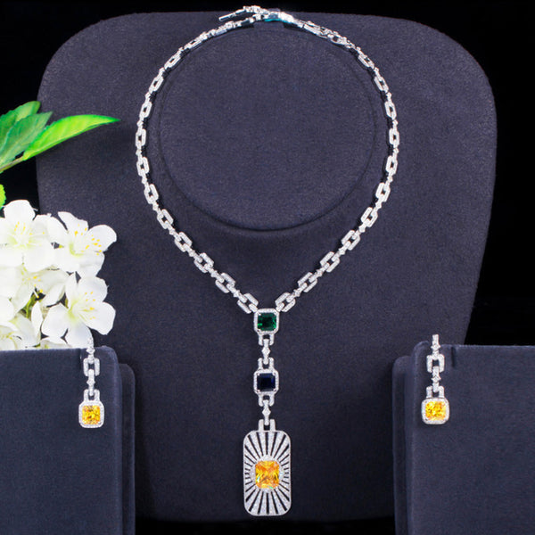 Luxurious 2Pcs Colorful CZ Long Pendant Necklace Earrings Set