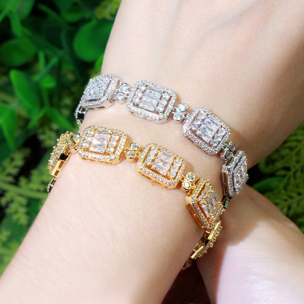 Classic Princess Cut Cubic Zirconia Yellow Gold Chain Link Bracelets Bangle