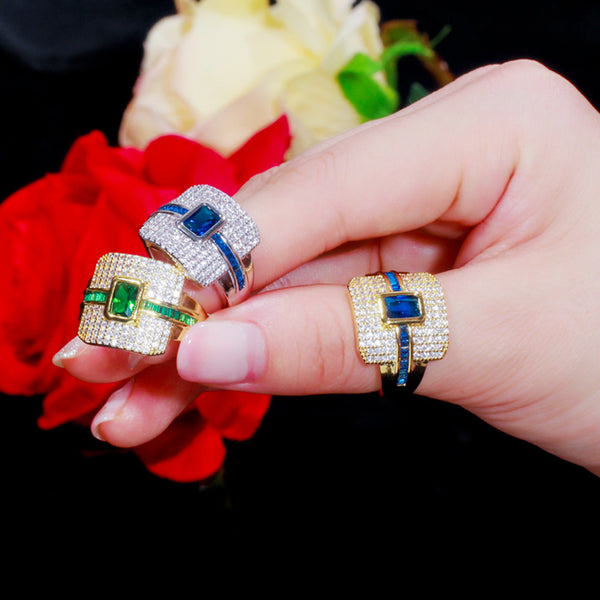 Luxury Gold Punk Stackable Choker Bule Square Cubic Zirconia  Finger Rings