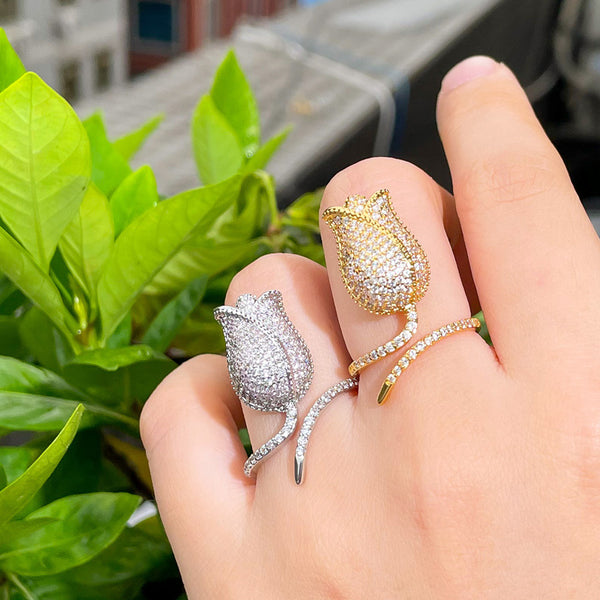 Resizable Size Shiny CZ Yellow Gold Rose Flower Wedding Promise Rings