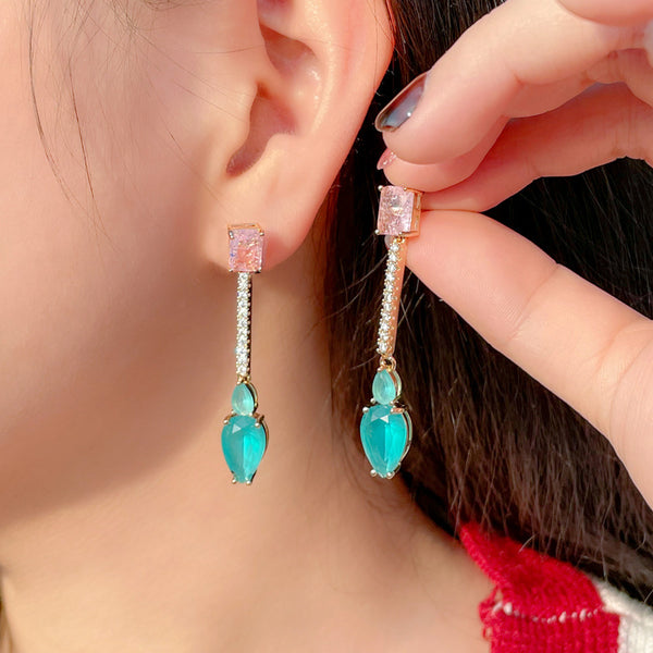 Pink Square Cut CZ Stone Long Dangle Light Blue Teardrop Gold Plated Safety Pin Earrings