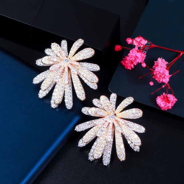 Exaggerated Large Flower Drop Shiny CZ 3 Tone Gold Multi-Layer Petals Stud Earring