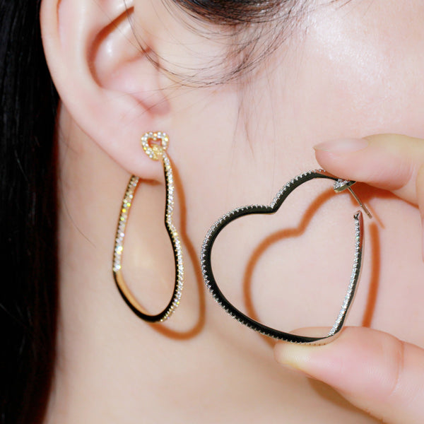 Romantic Love Heart Shape Micro Pave Zircon Silver Color Big Hoop Earring