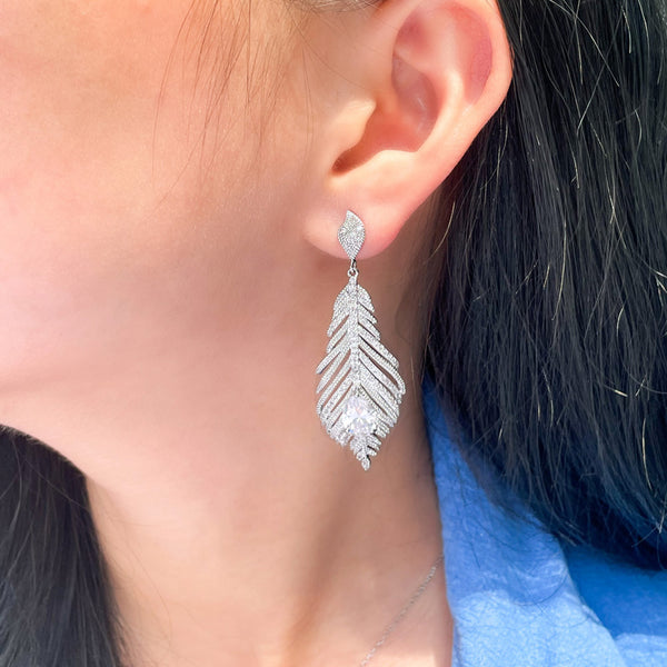 Stylish Long Big Feather Shape Sparkling CZ Zircon Silver Color Dangle Earrings