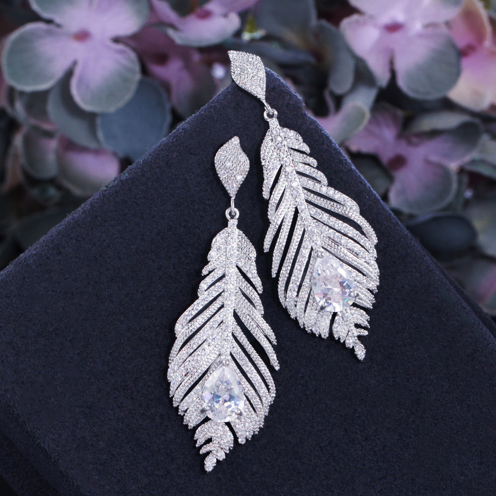 Stylish Long Big Feather Shape Sparkling CZ Zircon Silver Color Dangle Earrings