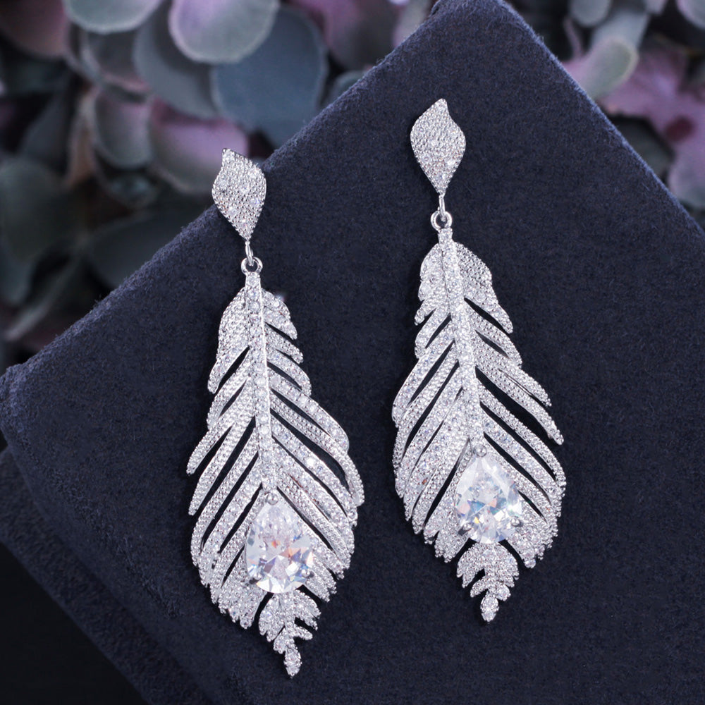 Stylish Long Big Feather Shape Sparkling CZ Zircon Silver Color Dangle Earrings