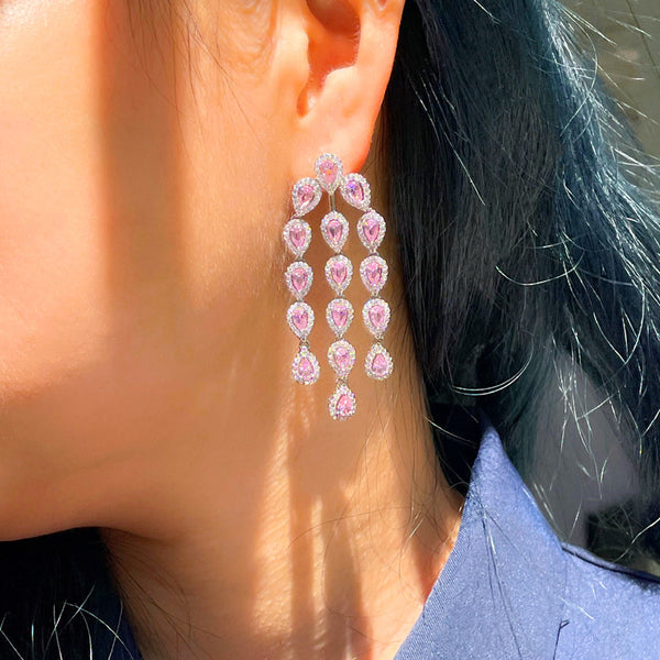 Cute Pink Hanging Water Drop Cubic Zirconia Long Silver Color Drop Earrings