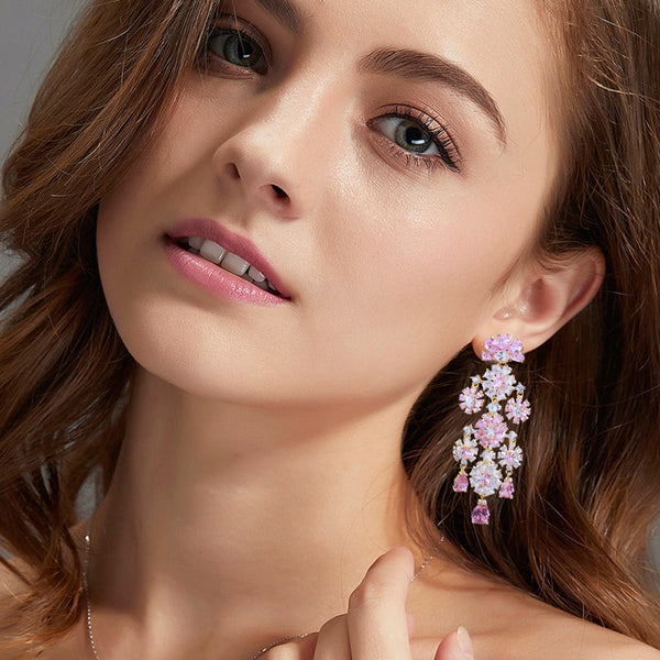 Sweet Tassel Pink Flower CZ Crystal Gold Plated Long Drop Earrings