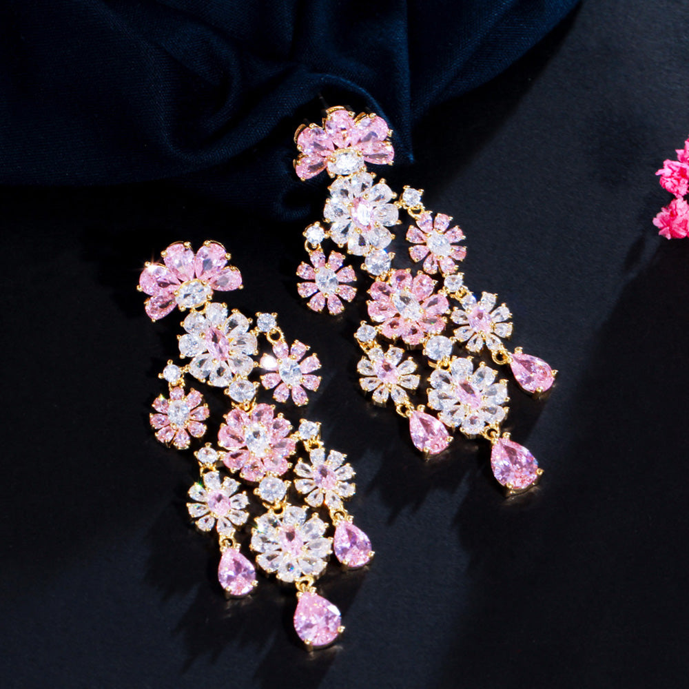 Sweet Tassel Pink Flower CZ Crystal Gold Plated Long Drop Earrings