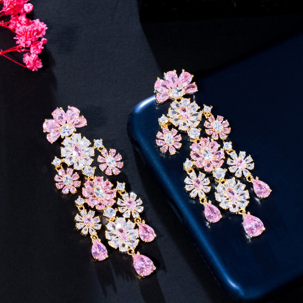 Sweet Tassel Pink Flower CZ Crystal Gold Plated Long Drop Earrings