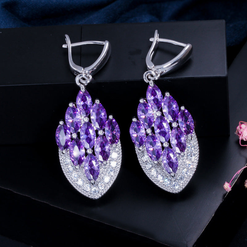 Big Marquise Shape Drop Purple Cubic Zirconia Long Hoop Earrings for Women