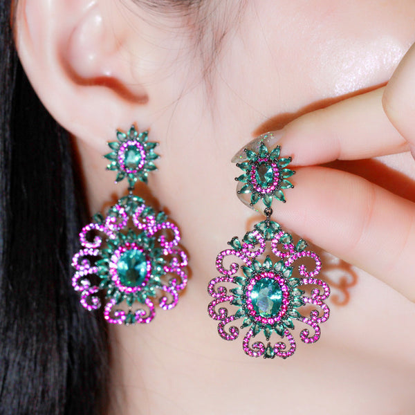 Pink Blue Cubic Zirconia Aesthetic Black Gold Long Big Flower Drop Dangle Earrings