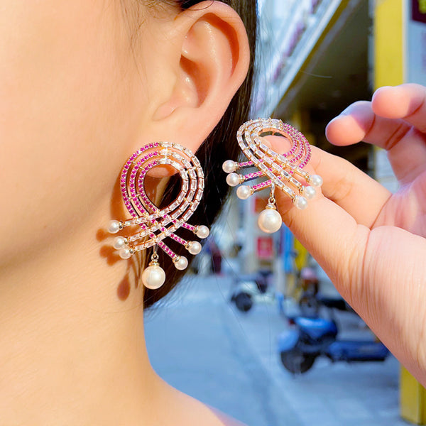 Big Geometry Shape Red White Cubic Zirconia Long Symmetrical Dangle Pearl Earrings