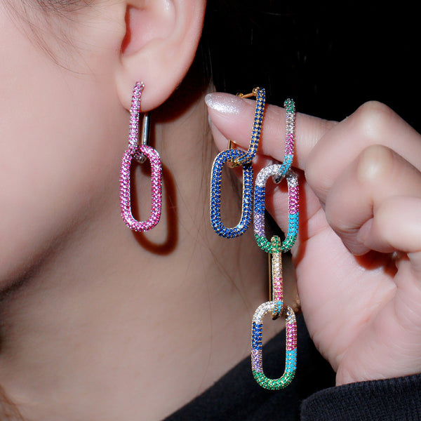 Trendy Multicolor Cubic Zirconia Dangle Rectangle Shape Chain Link Drop Earrings