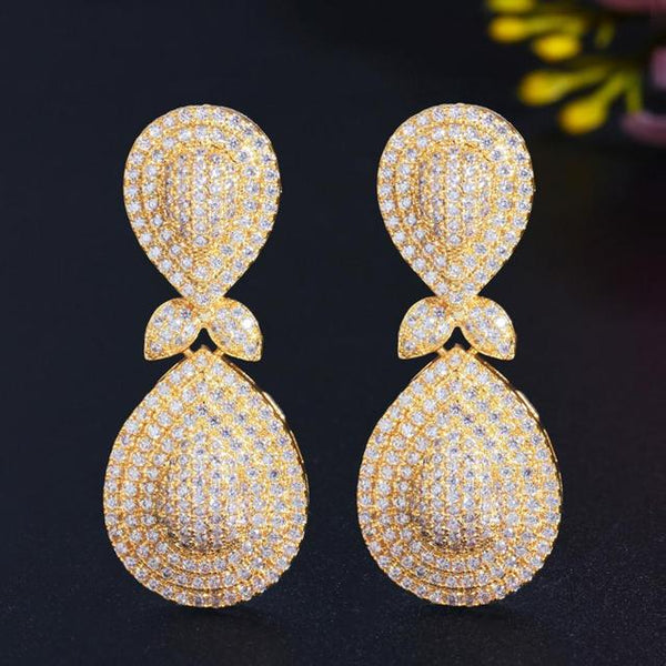 Luxury Micro Pave Full Sparkling Cubic Zirconia Dubai Gold Long Water Drop Dangle Earrings