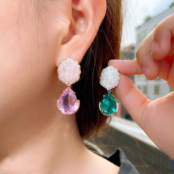 Pink Crystal Long Big Water Drop Earrings
