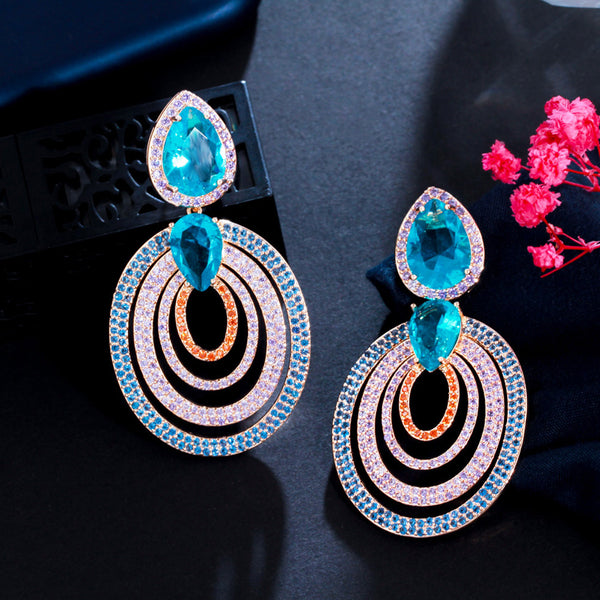 Light Blue Purple Multiple Circles Drop Cubic Zirconia Long Big Round Dangle Earring