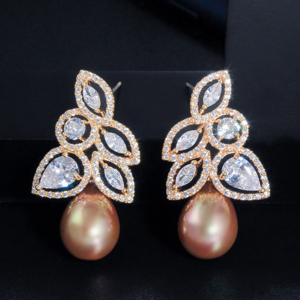 Shiny Hollow Cut White Cubic Zirconia Vintage Gold Long Leaf Hanging Pearl Earrings
