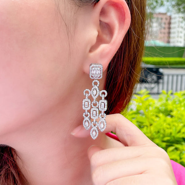 Gorgeous White Geometry Drop CZ Zircon Long Dangle Earrings
