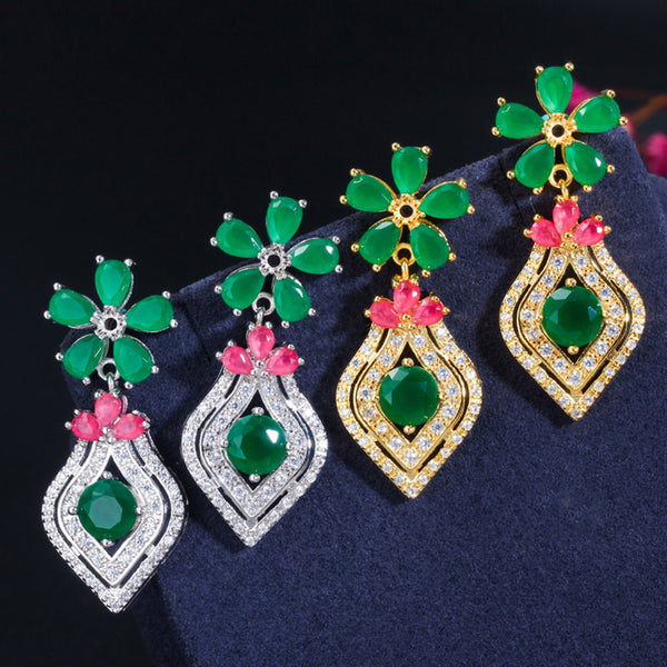 Nigerian Dubai 585 Gold CZ Paved Big Drop Flower Earring