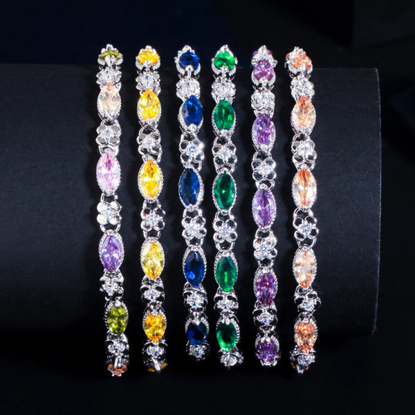 Champagne Marquise Cut Cubic Zirconia Silver Color Flower Connected Bracelets