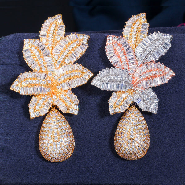Luxury African 3 Tone Gold Cubic Zircon  Long Big Flower Drop Dangle Earrings