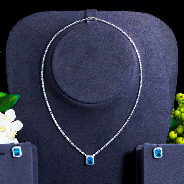 Light Blue Cubic Zirconia Square Pendant Necklace and Earrings