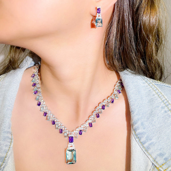 Blue Purple Crystal Wedding Party Cubic Zirconia Jewelry Sets