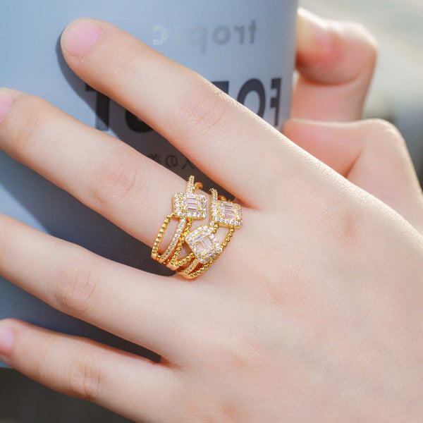 Delicate Sparkling CZ Zircon Gold Color Rectangle Adjustable Open Cuff Rings