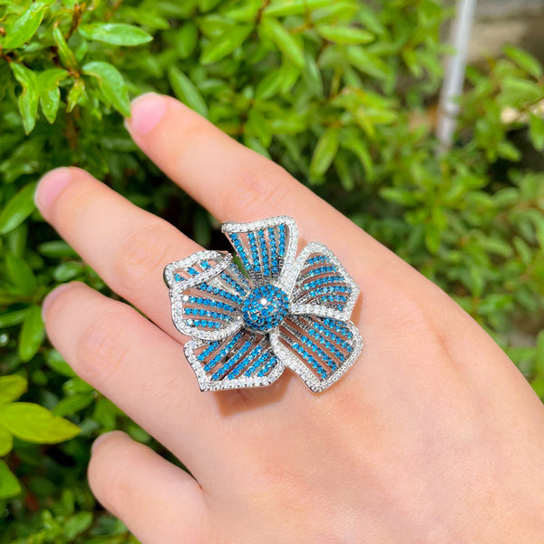 Blue Cubic Zirconia Silver Color Blooming Big Flower Shape Ring