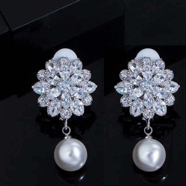 Big Flower Shape Cubic Zirconia Long Clip On Ear With Round Pearl Earrings