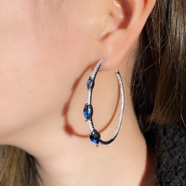 Royal Blue Marquise Cut Cubic Zirconia Large Half Round Circle Hoop Earrings