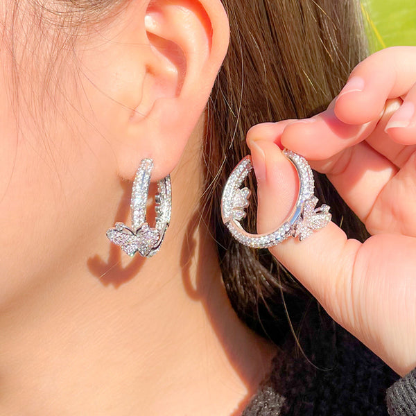 Creative Butterfly Design Light Gold Cubic Big Circle Hoop Earrings