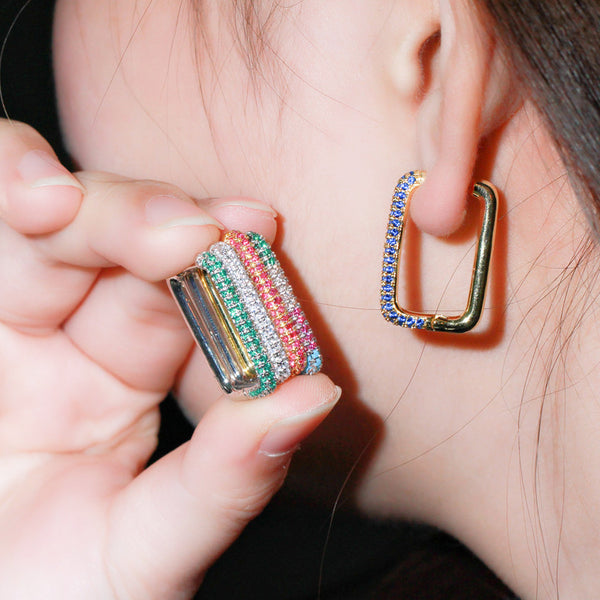 Trendy Multi Color Cubic Zirconia Big Geometry Shape Yellow Gold Rainbow Hoop Earrings