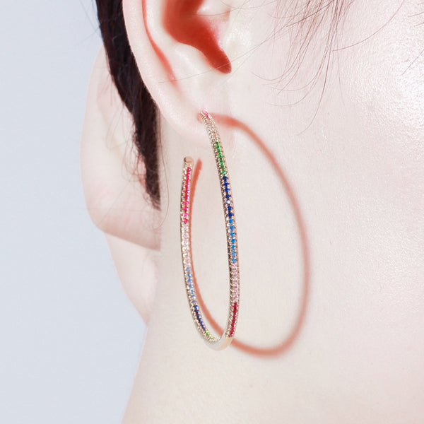 Colorful Cubic Zirconia Delicate Simple Rainbow Big Round Circle Gold Thin Hoop Earrings